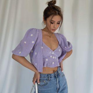 Set: Daisy-embroidered Camisole Top + Open-front Light Cardigan