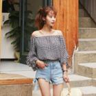 Off-shoulder Bell-sleeve Gingham Top