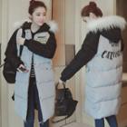 Furry Trim Lettering Back Long Padded Jacket