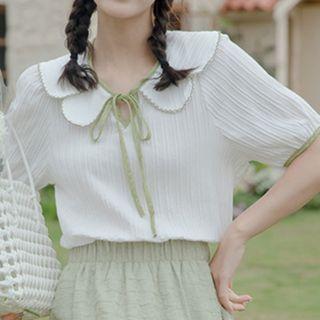 Puff-sleeve Ruffle Collar Ribbed Blouse