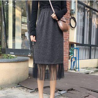 Mesh Panel Midi Straight-fit Skirt