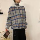 Mock Two Piece Turtleneck Plaid Panel Oversized Top Blue - One Size