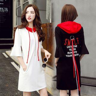 Lettering Color Panel Elbow Sleeve Hoodie Dress