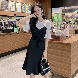 Elbow-sleeve Frill Trim Color Block A-line Dress