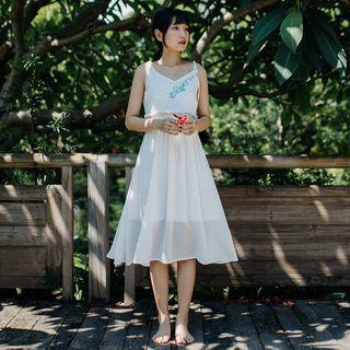 Embroidered Shoulder-tie A-line Chiffon Dress White - One Size
