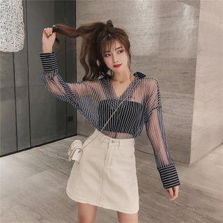Long-sleeve Striped Sheer Chiffon Shirt