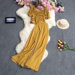 Set: Elbow-sleeve Blouse + High Waist Wide Leg Pants