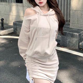 Cold-shoulder Drawstring Hoodie / A-line Skirt