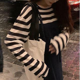 Set: Striped Long-sleeve Top + Midi Overall Dress
