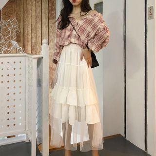 Set: Plaid Shirt + Mesh Overlay Midi A-line Skirt Plaid Top & Bottom - White - One Size