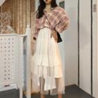 Set: Plaid Shirt + Mesh Overlay Midi A-line Skirt Plaid Top & Bottom - White - One Size