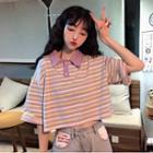 Striped Elbow-sleeve Cropped Polo Shirt