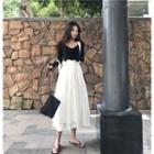 V-neck Long-sleeve T-shirt / High Waist Midi Suspender Skirt