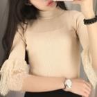 Lace Cuff Elbow Sleeve Mock Neck Knit Top