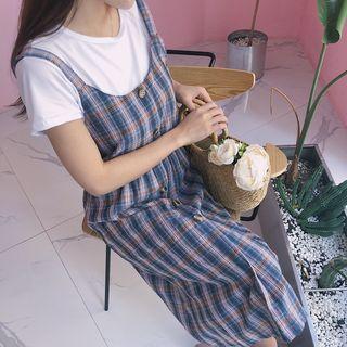 Set: Short-sleeve T-shirt + Plaid Strappy A-line Dress