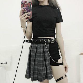 Short-sleeve T-shirt / Cut Out Mini A-line Plaid Pleated Skirt / Cut Out Shorts / Belt