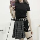 Short-sleeve T-shirt / Cut Out Mini A-line Plaid Pleated Skirt / Cut Out Shorts / Belt