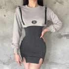 Set: Buckled Cropped Sweatshirt + Spaghetti Strap Mini Bodycon Dress