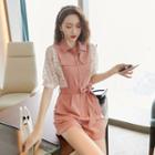 Balloon-sleeve Lace Panel Shirt Playsuit