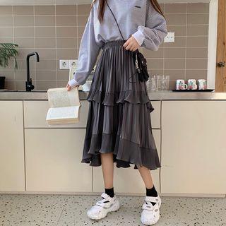 Pleated Asymmetric-hem Midi Skirt