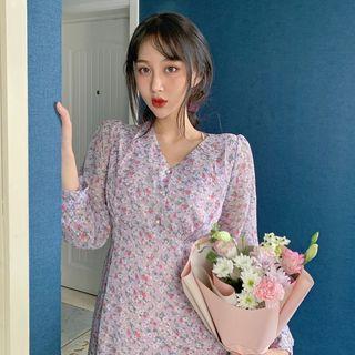 Floral Long-sleeve Dress Purple - One Size