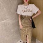 Elbow-sleeve T-shirt / Leopard Print Midi Skirt / Set