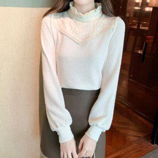 Long-sleeve Mock-neck Lace Panel Blouse