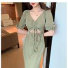 Drawstring Short-sleeve Midi Sheath Dress