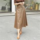 Faux-leather Midi A-line Skirt