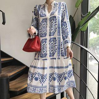 Stand Collar Ethnic Pattern Placket Shirtdress