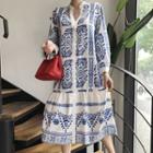 Stand Collar Ethnic Pattern Placket Shirtdress
