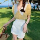 Puff-sleeve Wide-collar Blouse / Fitted Irregular Mini Skirt