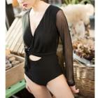 Long-sleeve Sashed Swimsuit