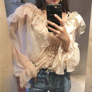 Ruffle-trim Blouse Almond - One Size