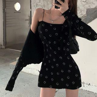 Smiley Face Print Spaghetti-strap Mini Sheath Dress / Cardigan