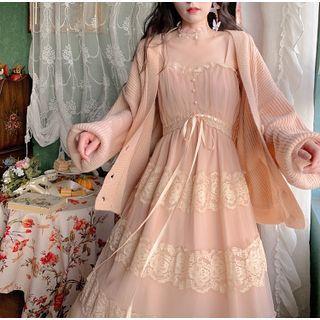 Sleeveless Lace Trim Bow Mesh Dress