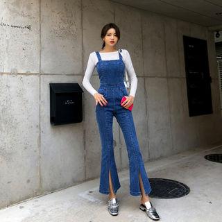 Slit-front Boot-cut Denim Jumpsuit