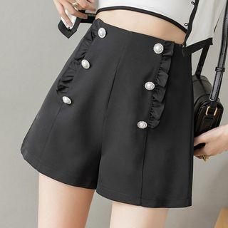 High-waist Plain Buttoned Wood Ear Trim Wide-leg Shorts