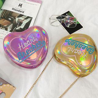 Embroidered Lettering Iridescent Heart Shaped Chained Handbag