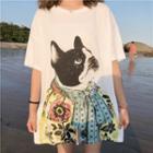 Elbow-sleeve Dog Print Mini T-shirt Dress