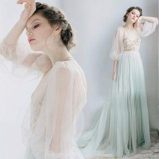 Lantern-sleeve Applique Evening Gown