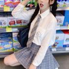 Plaid Neck Tie / Bear Print Shirt / Plaid Mini A-line Skirt / Set