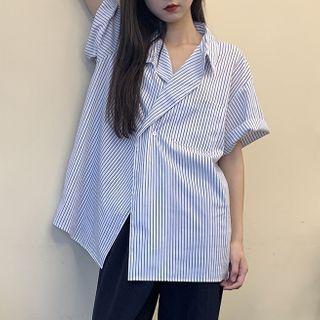 Striped Elbow-sleeve Shirt Stripe - Blue - One Size