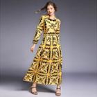 3/4-sleeve Patterned A-line Maxi Dress