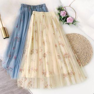 Floral Mesh Overlay Midi A-line Skirt