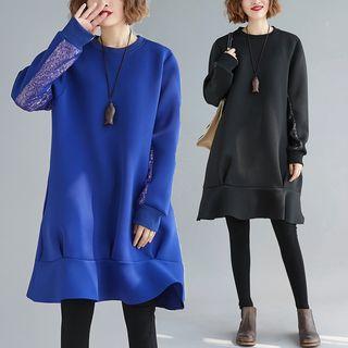 Sequined Panel Ruffle Hem Long-sleeve Dress