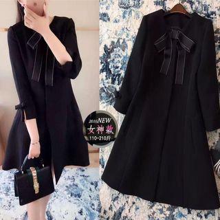 Long Sleeve Bow Crewneck A-line Sheath Plain Dress