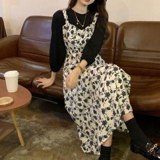 Mock Two-piece Long-sleeve Floral Dress Black - One Size