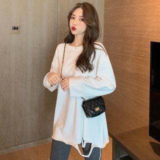 Long-sleeve Mock-neck Distressed T-shirt