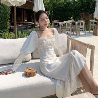 Lantern-sleeve Ruffle Hem Midi A-line Dress